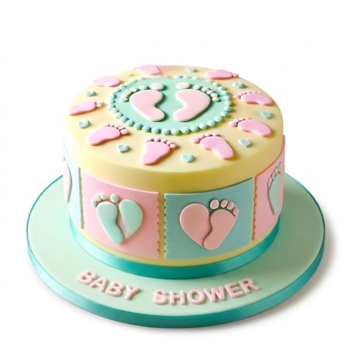 Round single-tier baby shower cake with pastel yellow, pink, and mint green footprint decorations and "BABY SHOWER" message.