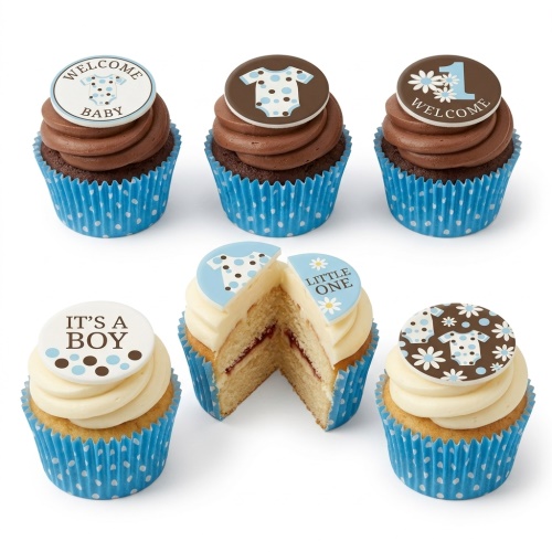 Six baby shower cupcakes for boys with blue and brown baby romper toppers and "Welcome Baby" and "It's a Boy" messages.
