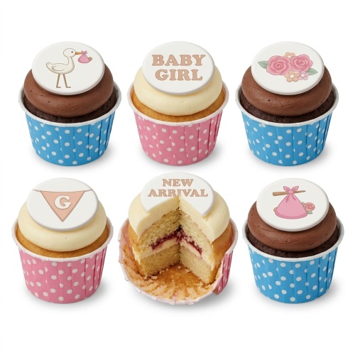 Set of six baby shower cupcakes for girls with stork, 'BABY GIRL', 'NEW ARRIVAL', baby bundle, rose, and initial 'G' toppers.