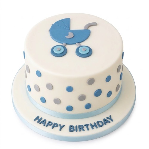White round cake with blue pram decoration and blue and grey polka dots, with 'Happy Birthday' message.