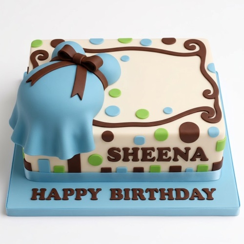 Square white fondant cake with a blue baby bump design, brown bow, polka dots, and scrollwork.