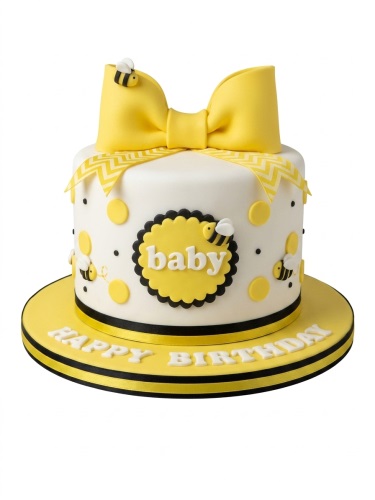 White and yellow single-tier baby birthday cake with a large yellow bow, bee decorations, polka dots, and 'baby' text.