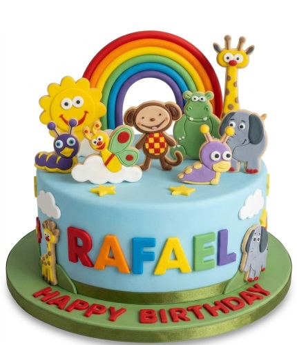 Light blue single-tier birthday cake with rainbow, sun, monkey, hippo, elephant, giraffe, caterpillar, butterfly, and custom name.