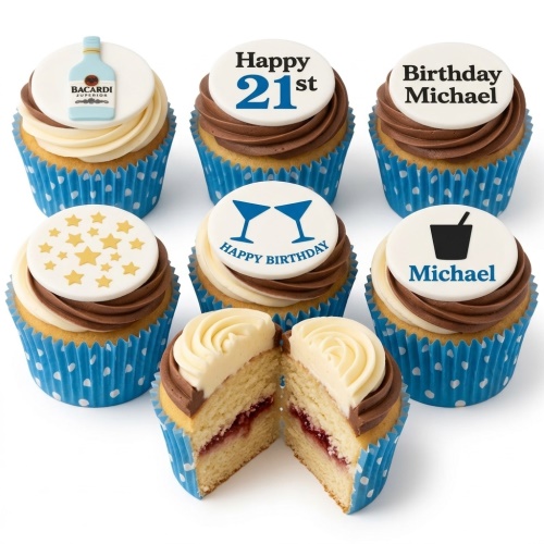 Vanilla and chocolate cupcakes with drinks theme toppers, including a spirit bottle, cocktail glasses, stars, and custom age.