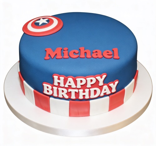 Round blue Captain America birthday cake with shield and red and white stripes.