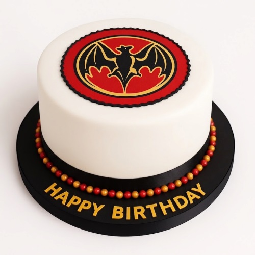 Round white cake with Bacardi logo, red and gold beads, and 'Happy Birthday' message.