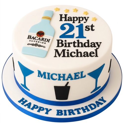 Round white birthday cake with a light blue Bacardi bottle, blue cocktail glasses, and black ice bucket decorations.