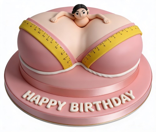 Novelty birthday cake shaped like a woman's torso with a pink bra and measuring tape, with a 'Happy Birthday' message.