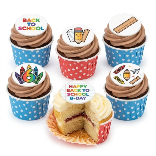 Assortment of back to school themed birthday cupcakes with school supply toppers and custom age.