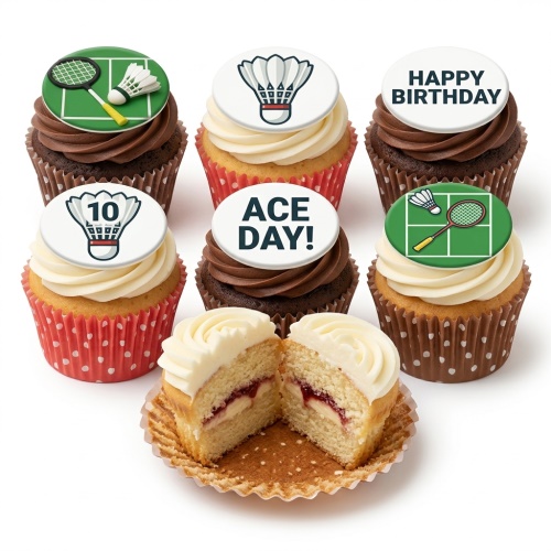 Badminton themed cupcakes with rackets, shuttlecocks, and custom age/message toppers on chocolate and vanilla cupcakes.