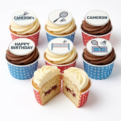 Six cupcakes with vanilla and chocolate frosting, decorated with edible badminton rackets, shuttlecocks, and net toppers.