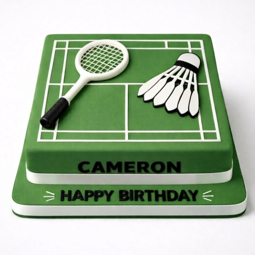 Green badminton court cake with white racket and shuttlecock, personalised message.