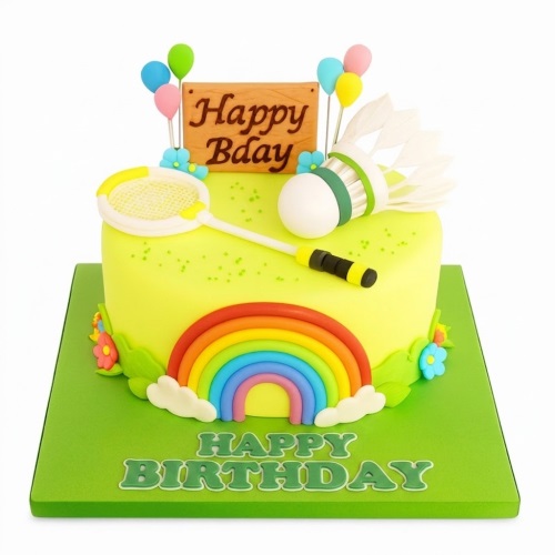 Bright green badminton birthday cake with racket, shuttlecock, rainbow, and balloons.