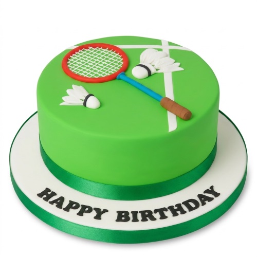 Round green badminton birthday cake with a red racket, white shuttlecocks, and 'Happy Birthday' message.