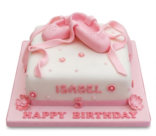White square birthday cake with pink ballet shoes, ribbons, flowers, and custom age.