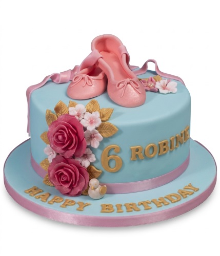 Light blue ballet birthday cake with pink pointe shoes, roses, gold leaves, and custom age and name.