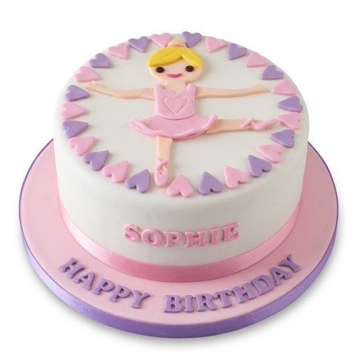 Round white birthday cake with a pink ballerina figure and pink and purple heart decorations, with a personalised message.