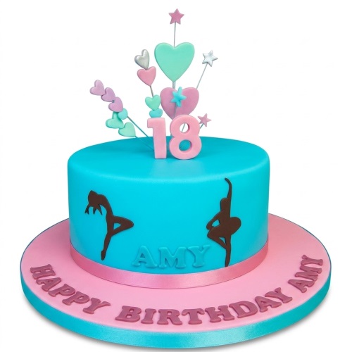 Round blue and pink dance theme birthday cake with dancer silhouettes, hearts, stars, and a custom age topper.