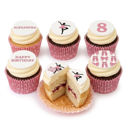Six ballet themed cupcakes with pink and white decorations, featuring ballerina silhouettes, ballet shoes, and custom age/name toppers.