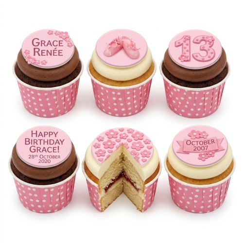Pink ballet and floral birthday cupcakes with custom age topper.