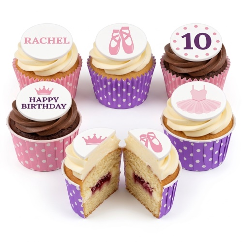Ballet themed birthday cupcakes with pink ballet shoes, tutus, crowns, and custom age toppers.