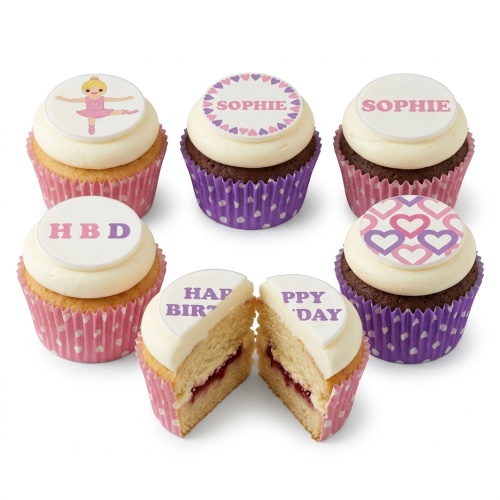 Ballerina, heart, and custom message birthday cupcakes with pink and purple polka dot wrappers.