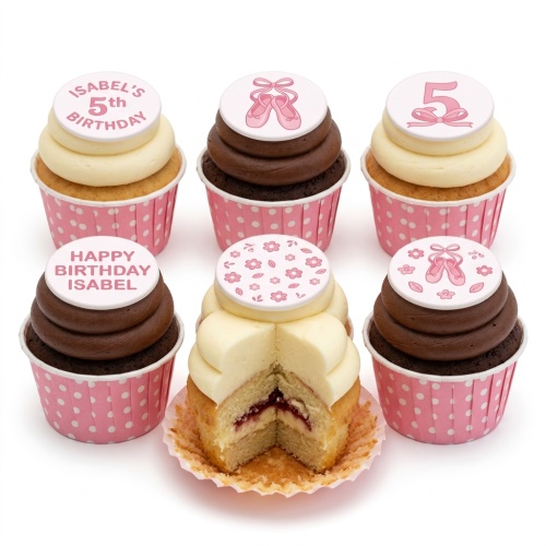 Six ballet and floral themed birthday cupcakes with custom age and name toppers.