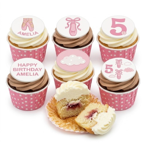 Pink and white ballerina themed cupcakes with ballet shoes, ribbons, clouds, and custom age topper.