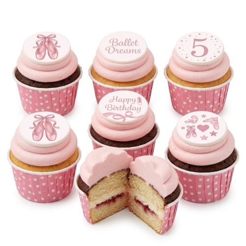 Ballet themed cupcakes with pink frosting, ballet shoe toppers, and a custom age number.