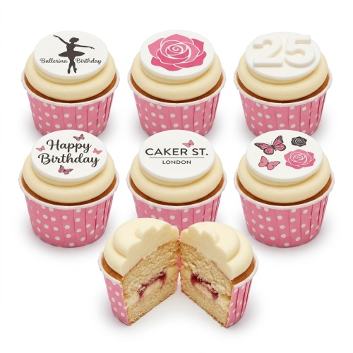 Set of cupcakes with white frosting and pink polka dot wrappers, decorated with pink roses, butterflies, a ballerina silhouette, 'Happy Birthday' text, and a '25' age topper.