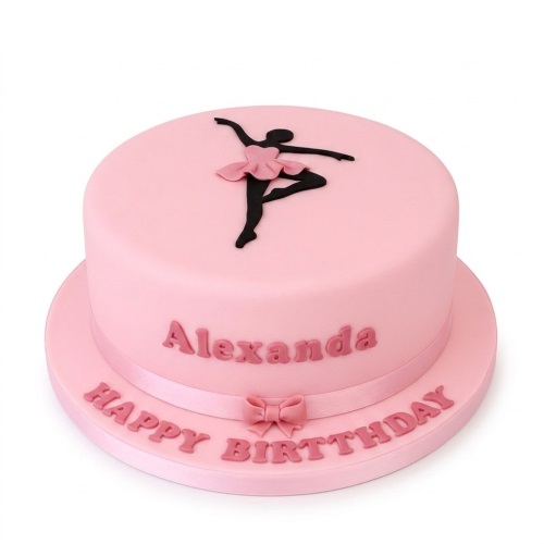 Pink round ballerina birthday cake with black silhouette and personalised message.