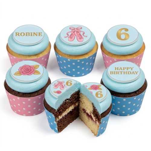 Six cupcakes with light blue frosting, pink ballet shoes, roses, and custom age/name toppers.