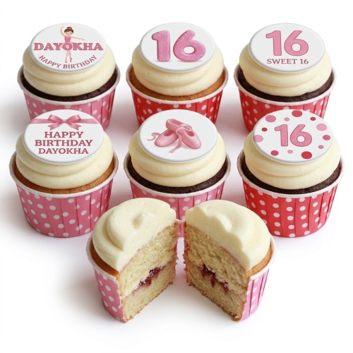 Six ballet themed birthday cupcakes with pink ballet shoes and custom age toppers.