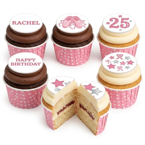 Pink polka dot cupcakes with ballet shoes, stars, bows, and custom age/name toppers.
