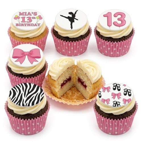 Birthday cupcakes with ballet dancer, bows, zebra print, and custom age topper in pink cases.
