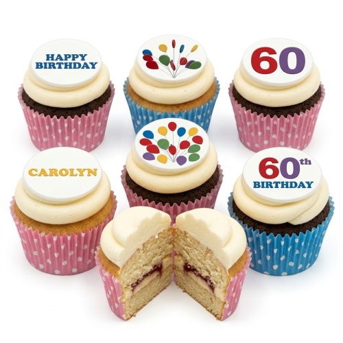 Birthday cupcakes with white frosting, balloon toppers, and custom age/name examples.