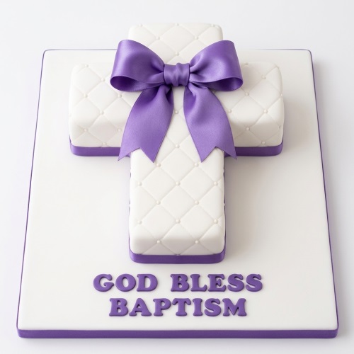 White cross-shaped baptism cake with quilted pattern, white pearls, and a purple satin bow. Purple text reads 'GOD BLESS BAPTISM'.