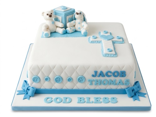Two-tier white and blue Christening cake with teddy bears, baby block, cross, and customisable name.