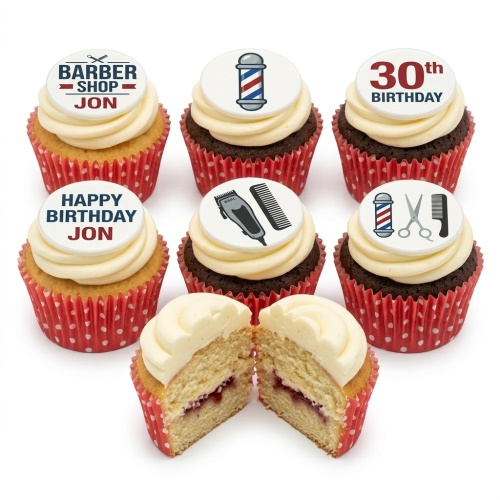 Barber shop themed cupcakes with barber pole, clipper, scissors, and custom age/name toppers.