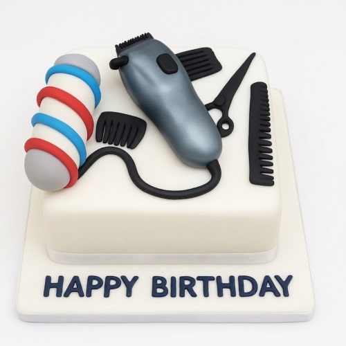 White square birthday cake with edible barber pole, clippers, scissors, and combs.