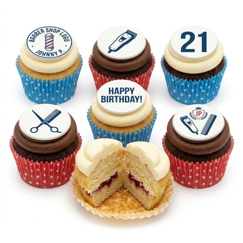 Barber shop themed birthday cupcakes with clippers, scissors, comb, and custom age topper.