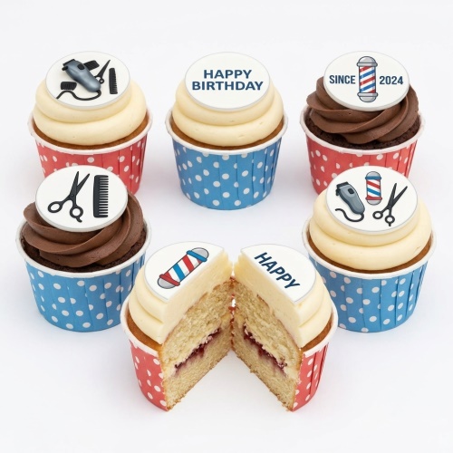 Cupcakes with barber tools and barber pole toppers in red and blue polka dot cases, some with 'Happy Birthday' and 'Since 2024' messages.