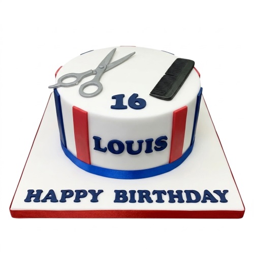 White round birthday cake with barber scissors, comb, red and blue stripes, and custom age.