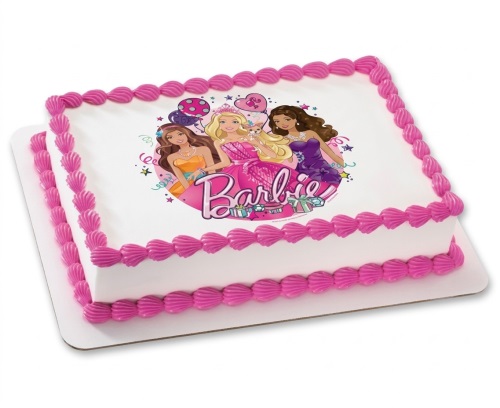 Rectangular white cake with pink piping and an edible image of three Barbie dolls.