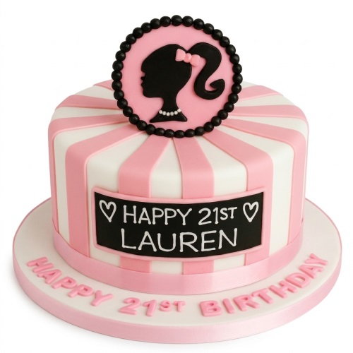 Round pink and white striped birthday cake with a black Barbie silhouette topper and a custom message plaque.