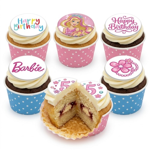 Barbie themed birthday cupcakes with Happy Birthday and custom age toppers, in pink and blue wrappers.