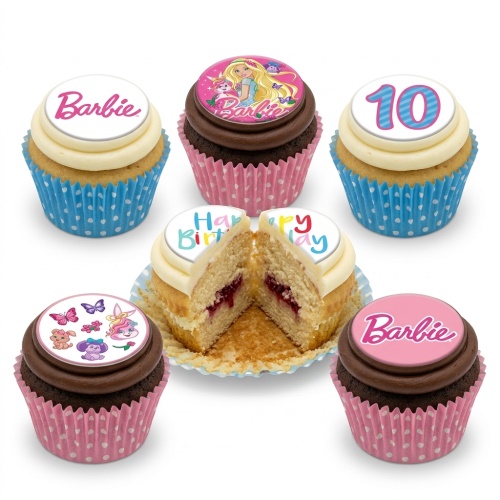 Barbie themed cupcakes with character toppers, custom age topper, and "Happy Birthday" message.