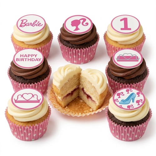 Barbie themed birthday cupcakes with pink and white toppers, including Barbie logo, silhouette, tiara, and high heel shoe.