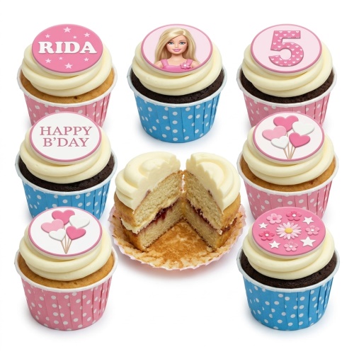 Barbie themed birthday cupcakes with white frosting, pink and blue polka dot cases, custom age, name, hearts, and flowers.