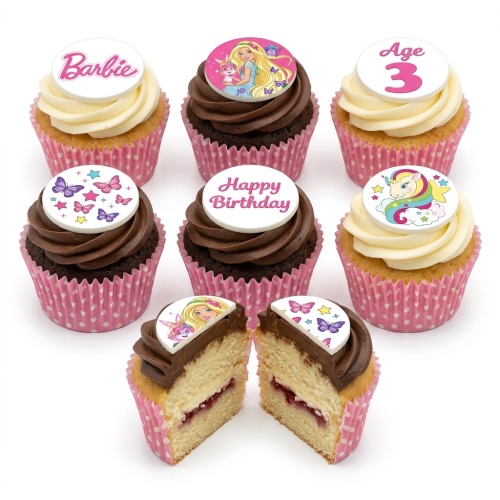 Barbie and unicorn themed birthday cupcakes for girls with custom age and message toppers.